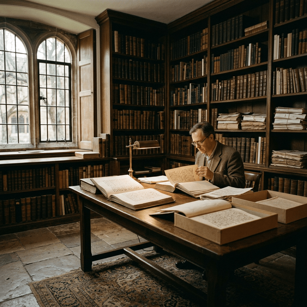 Man reading ancient manuscripts in a traditional library with wooden shelves