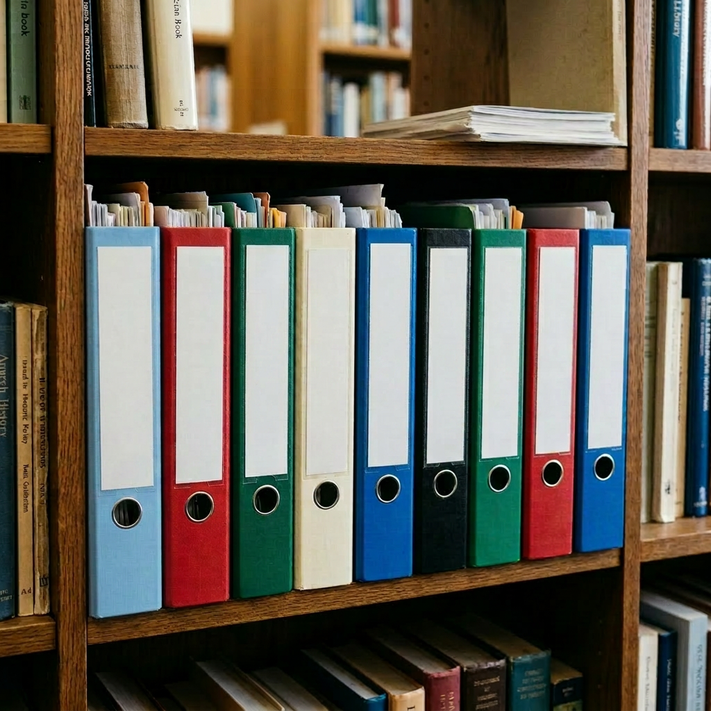 Organized church history binders collection Binders labeled with church history topics including Reformation, Councils, Ecclesiology, and Post-Reformation